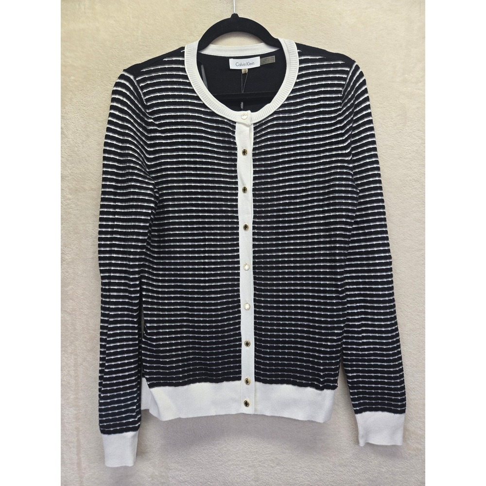 NWT Calvin Klein Womens Striped Button Front Cardigan Black White Gold Small